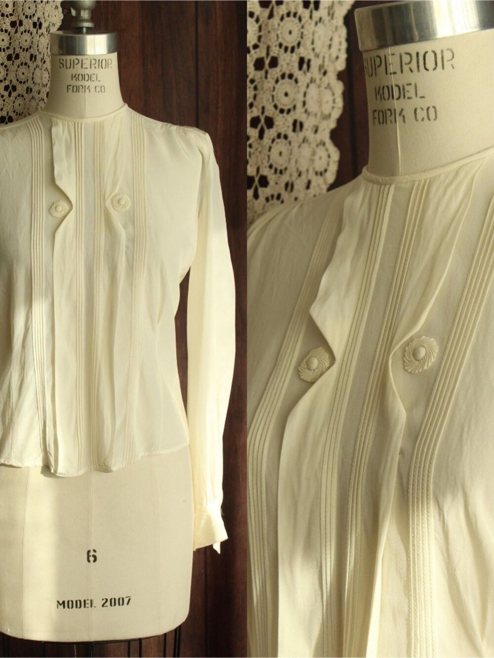 Vintage 1940s Blouse, White Rayon Shirt with Shoulder pads, Grandma Core
